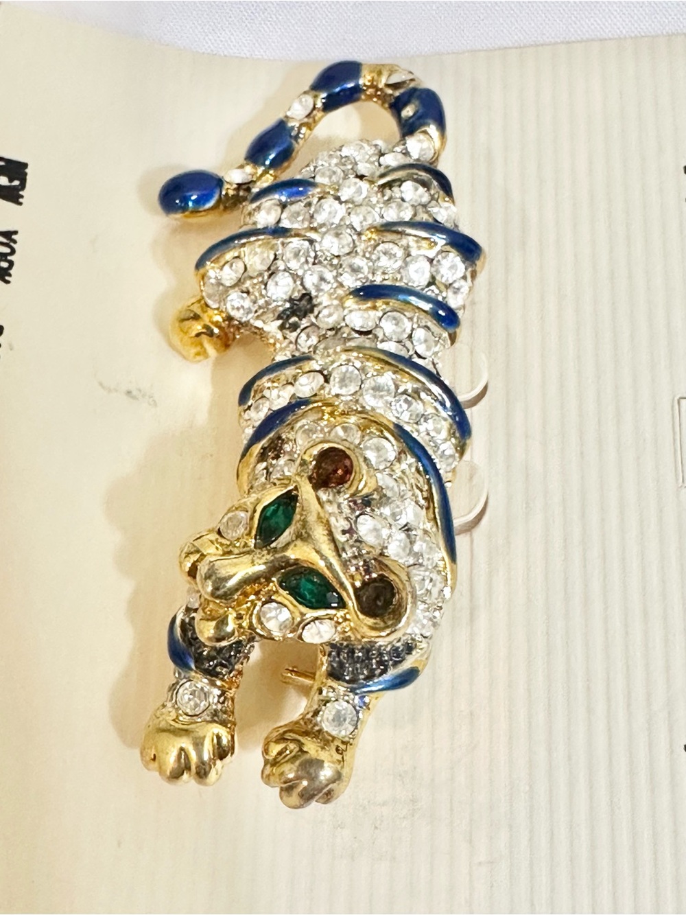 Vintage Gold Plated Blue Enamel & Crystal Tiger Brooch